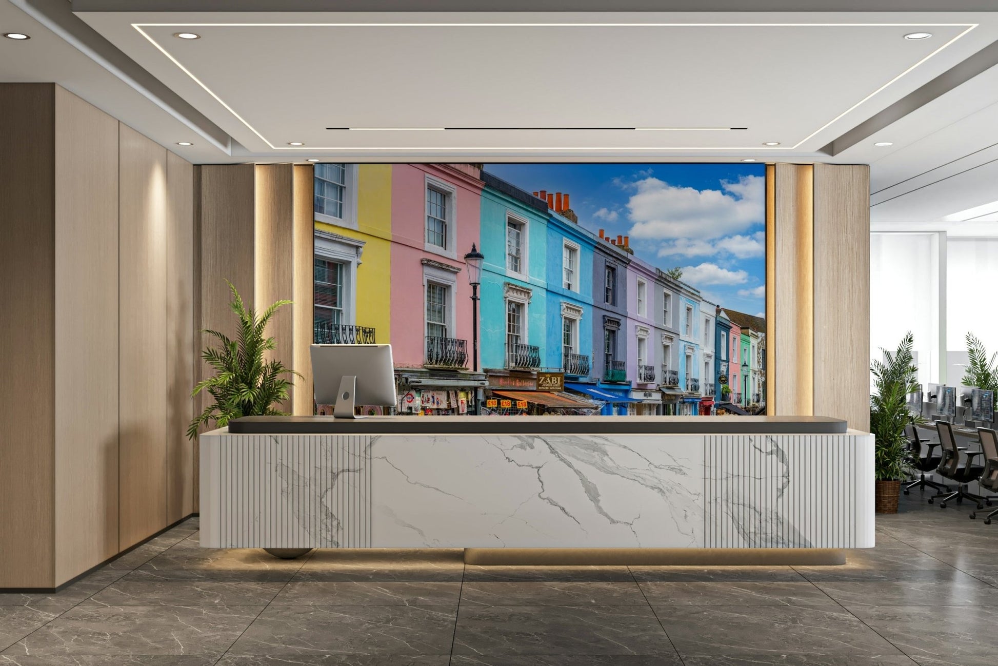 Wall mural showing a row of colorful London houses.

