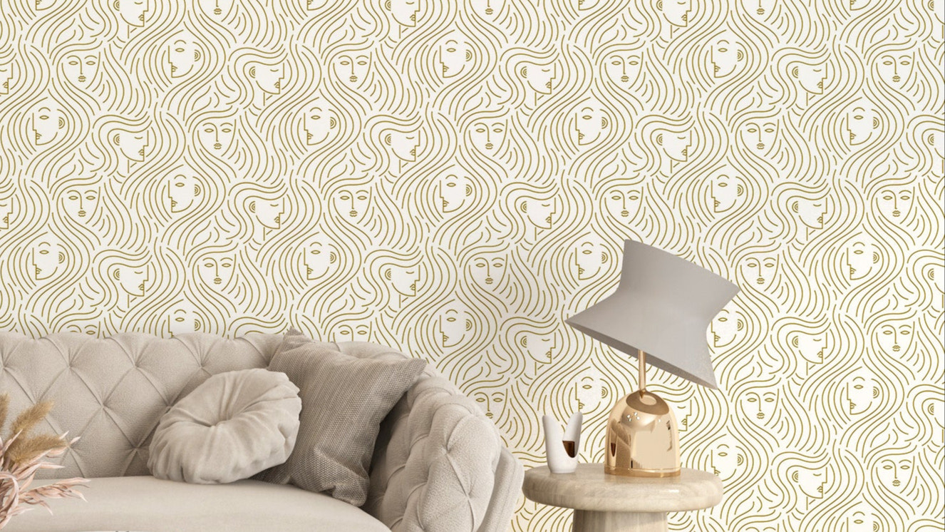 Soft nude line art woman's face mural