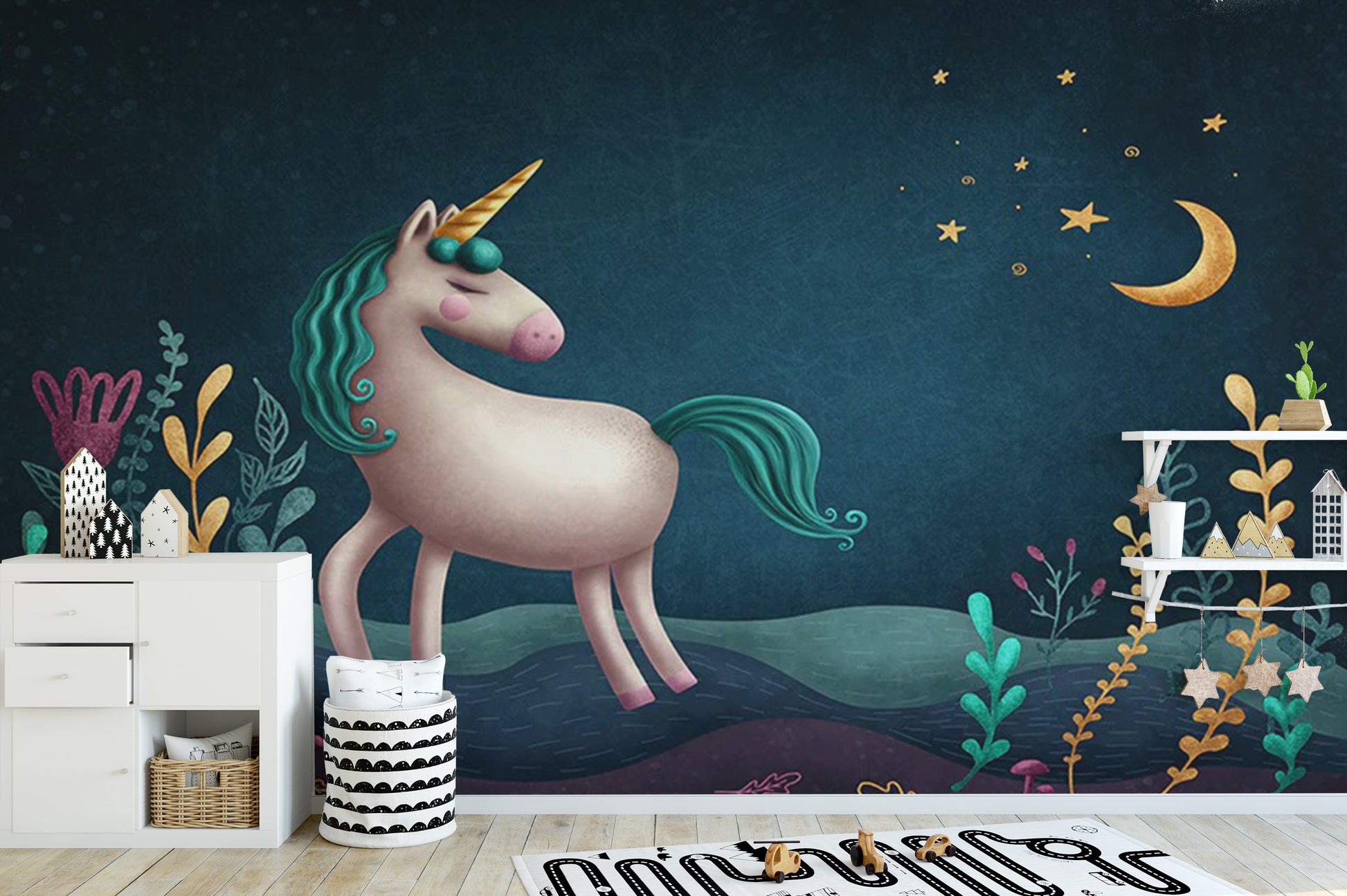 Blue & Green Night Unicorn Kids Nursery Wallpaper Mural - Giffywalls