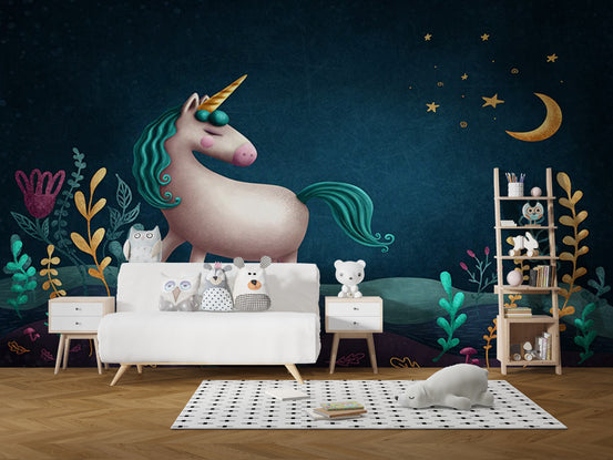 Blue & Green Night Unicorn Kids Nursery wallpaper mural shown as a full feature wall that highlights the design