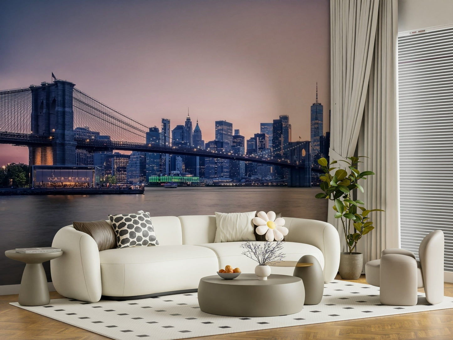 NYC Bridge at Dusk wallpaper mural of the twilight skyline behind a cream curved sofa and accent chair in a living room