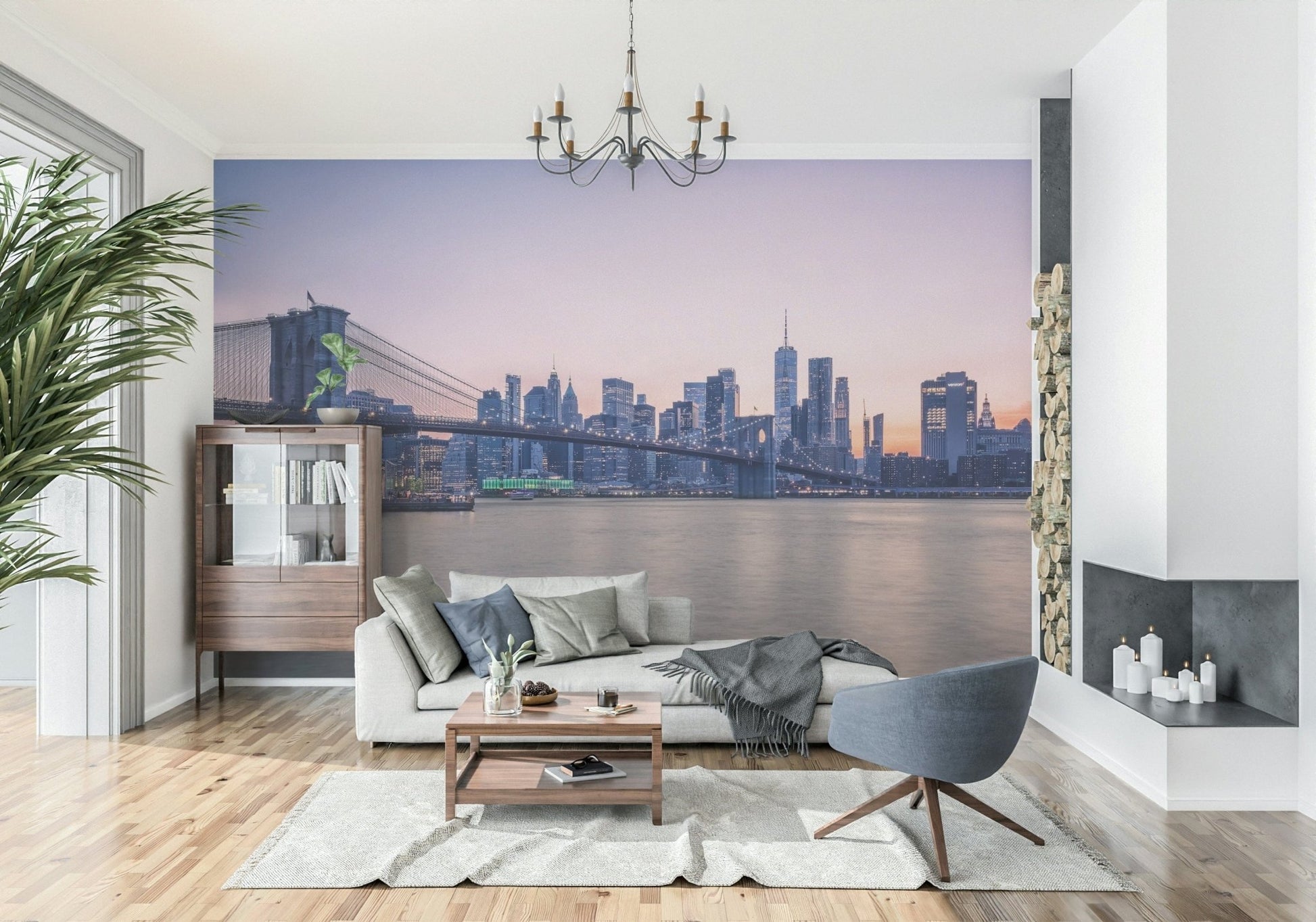 NYC Bridge at Dusk wallpaper mural of the dusk skyline behind a white sofa and grey swivel chair in a living room