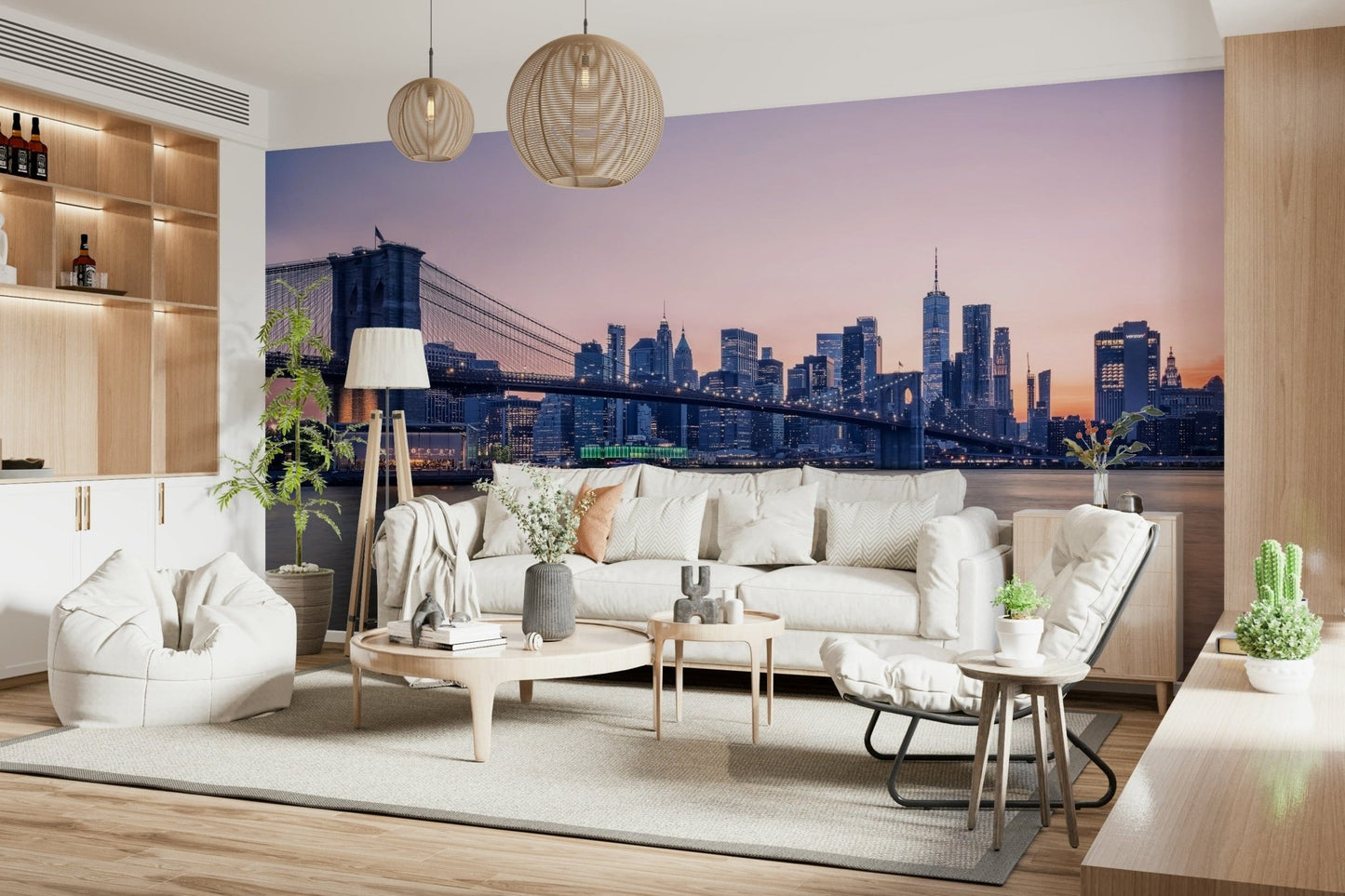 NYC Bridge at Dusk wallpaper mural of the bridge at dusk behind a white sofa and tripod lamp in a wood-toned living room
