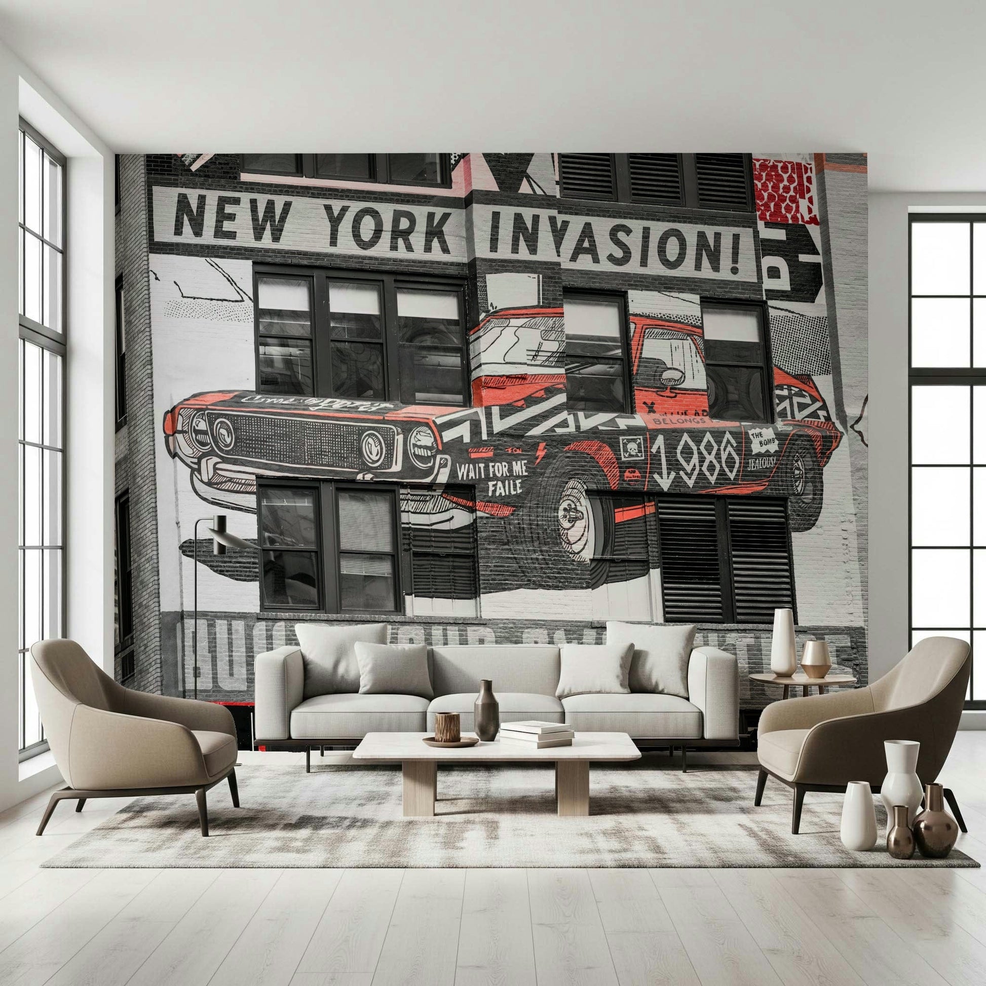 Cool NYC Car Mural retro auto illustration peel and stick wall mural.