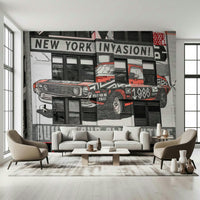 Cool NYC Car Mural retro auto illustration peel and stick wall mural.