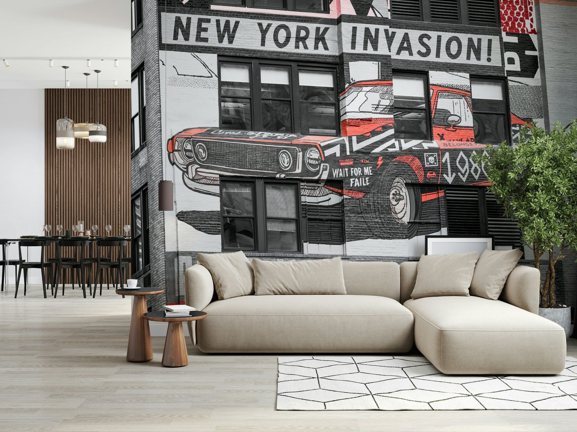 Urban art statement NYC Car Mural building painting style wall hanging.