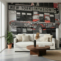 Retro 1960s car image NYC Car Mural exciting bedroom wall mural.