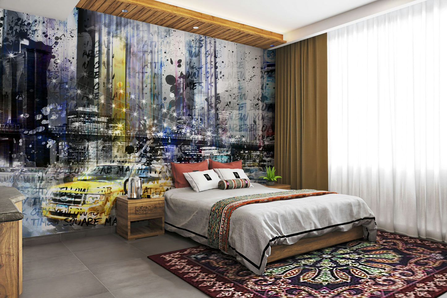 Bold NYC mural with modern art and urban elements

