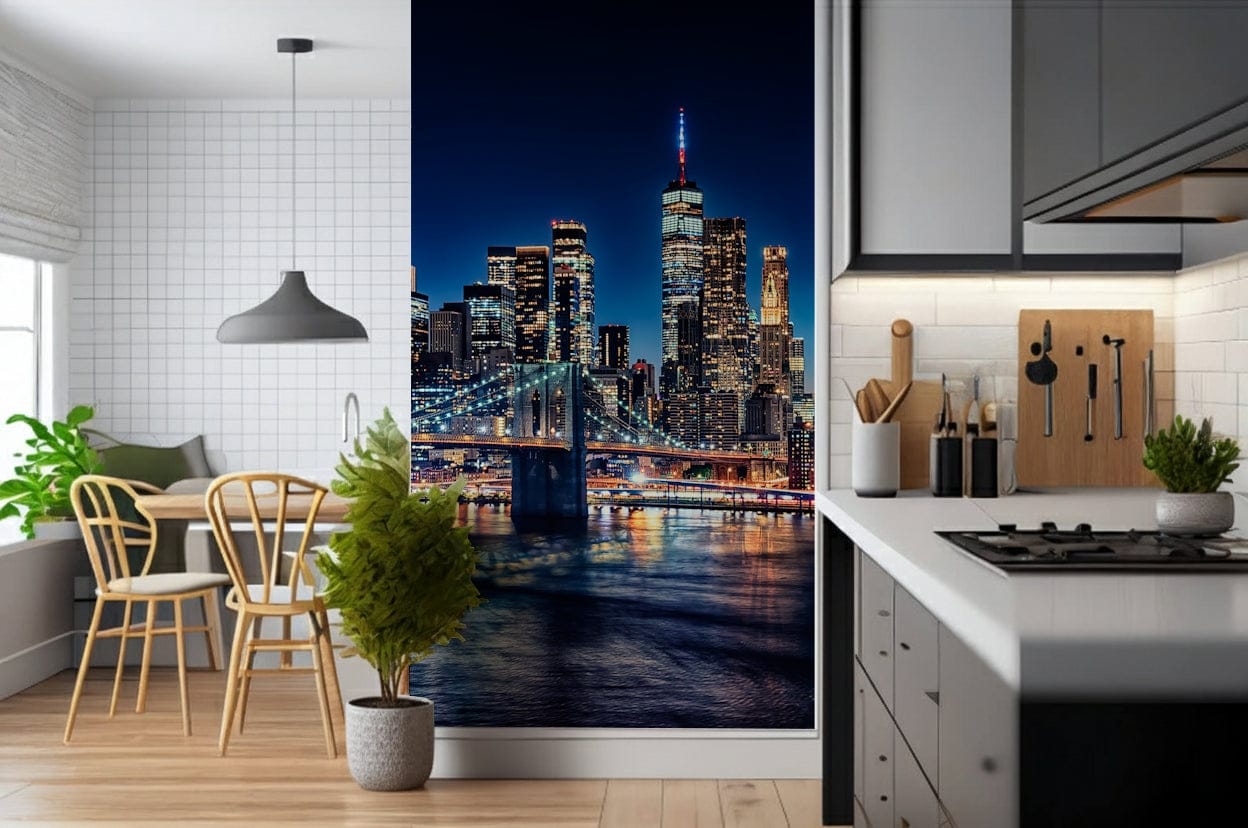 Brooklyn Bridge NYC Night Lights wallpaper mural view.