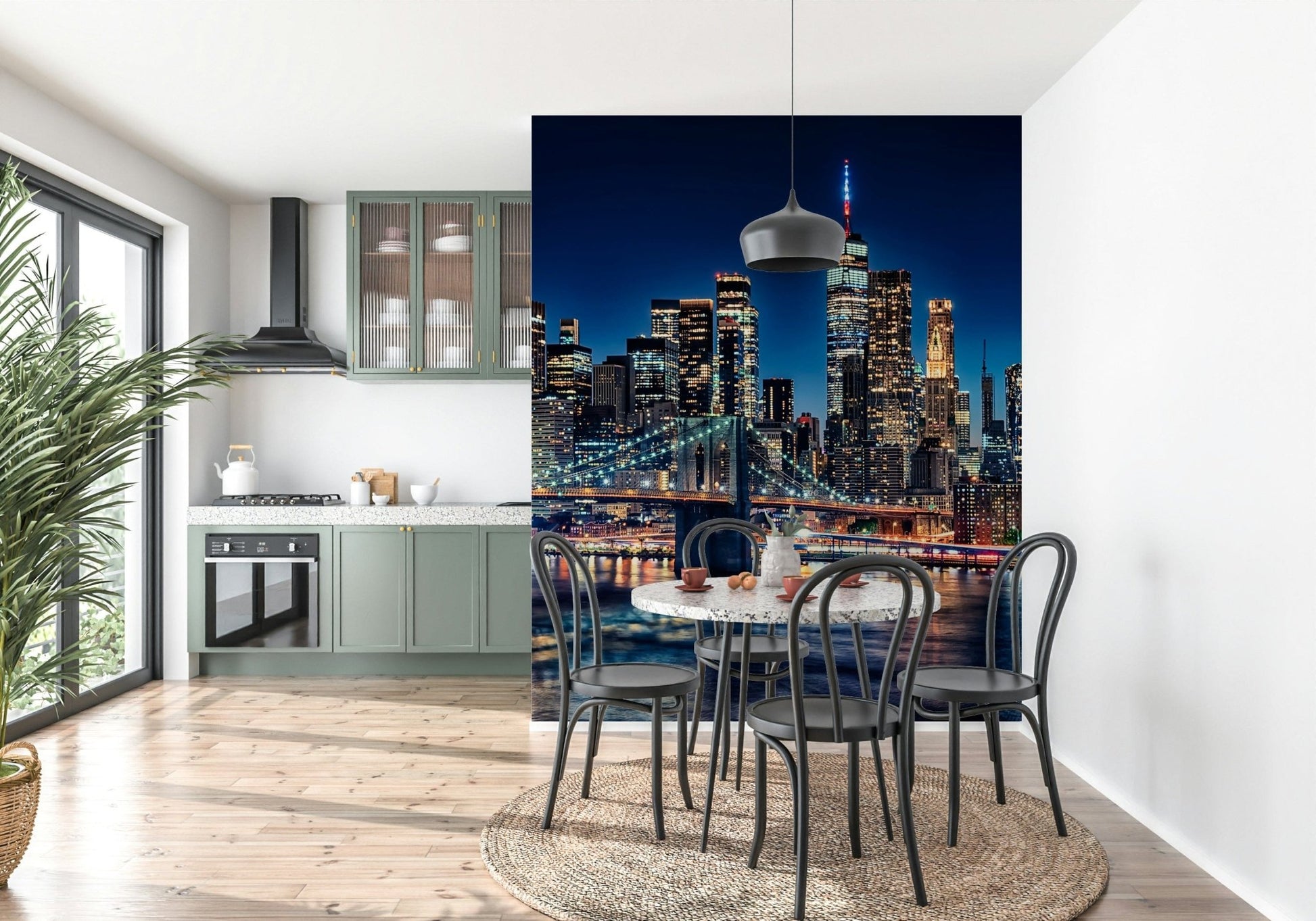 Majestic tower spires NYC Night Lights peel and stick wallpaper.