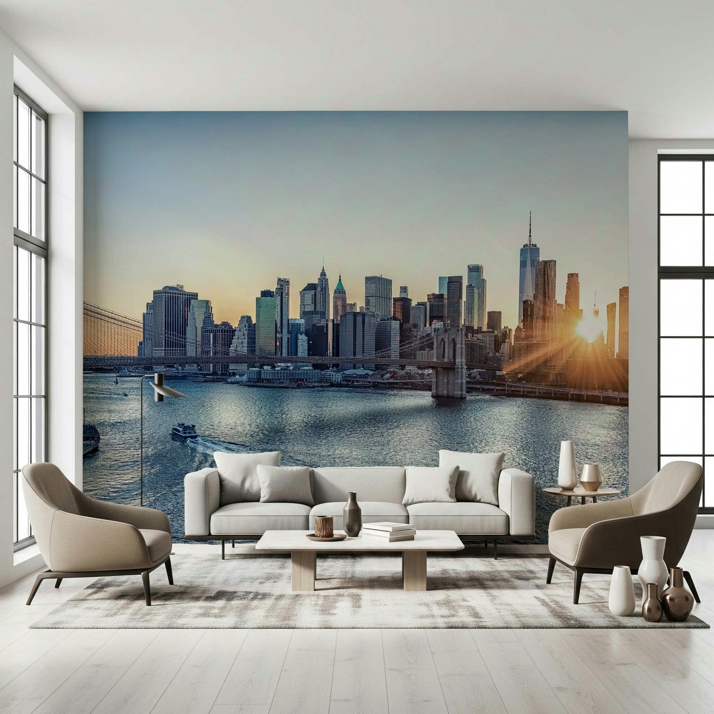 NYC Skyline at Dawn wallpaper mural of the dawn skyline behind a white sofa flanked by armchairs in a living room