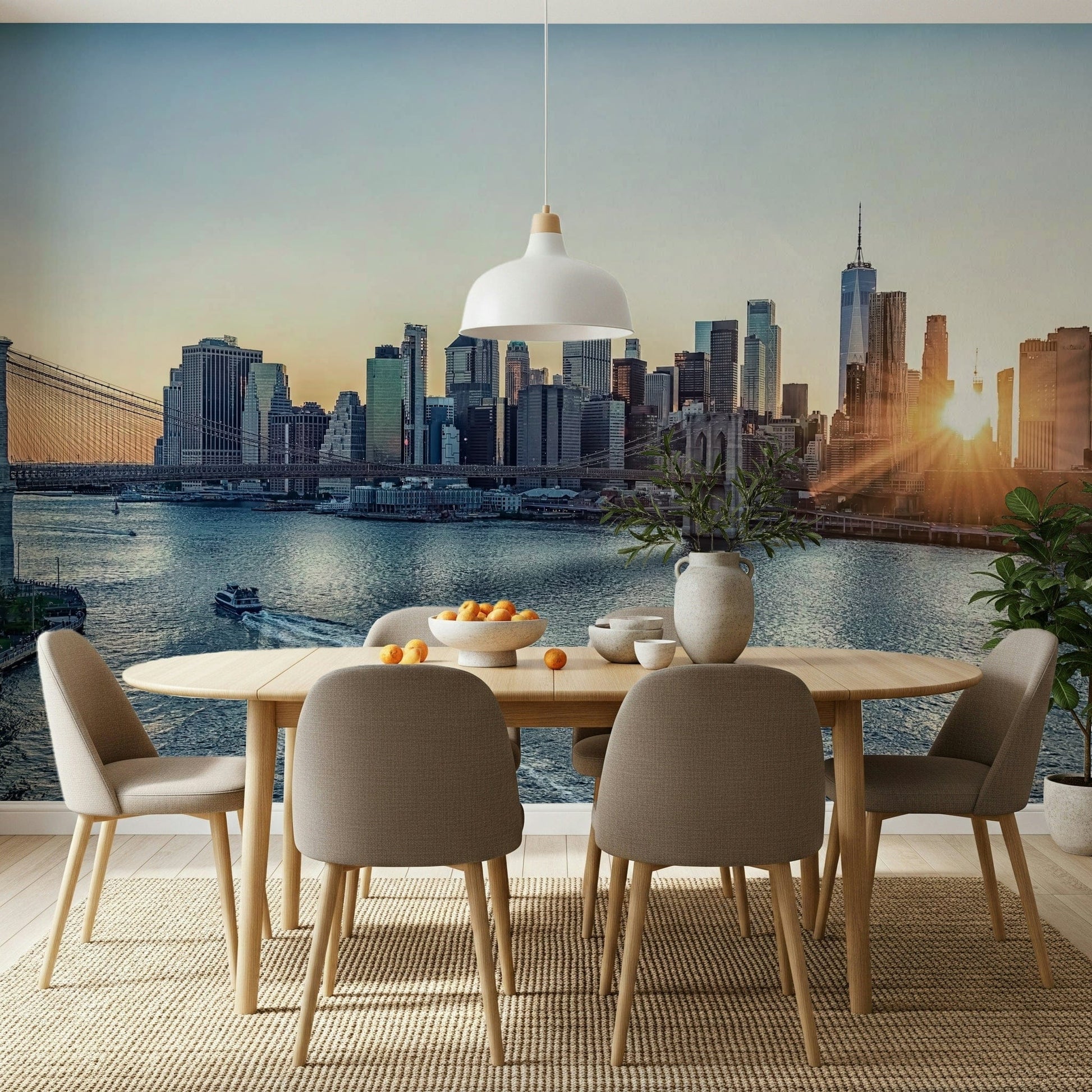 NYC Skyline at Dawn wallpaper mural of the sunrise over Manhattan behind an oval wood dining table in a dining room