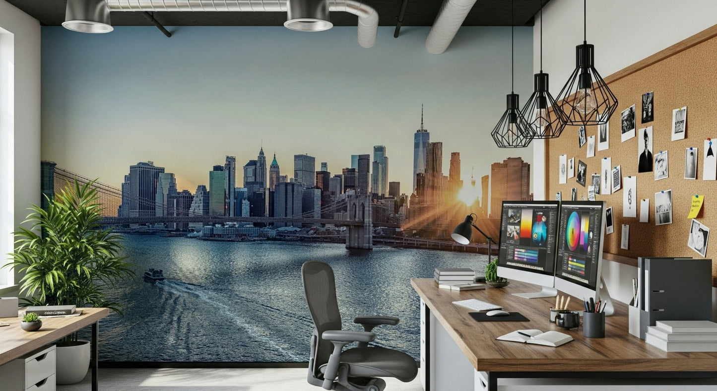 NYC Skyline at Dawn wallpaper mural of the sunrise skyline above a desk with dual monitors in a home office