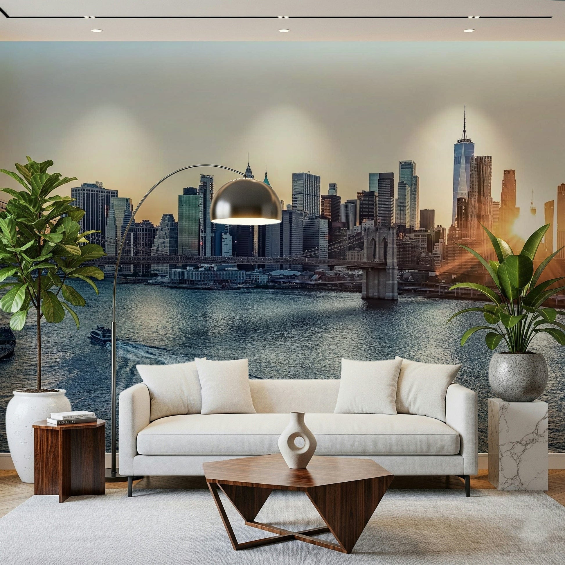 NYC Skyline at Dawn wallpaper mural of the sunrise skyline behind a cream sofa and arc lamp in a plant-filled living room