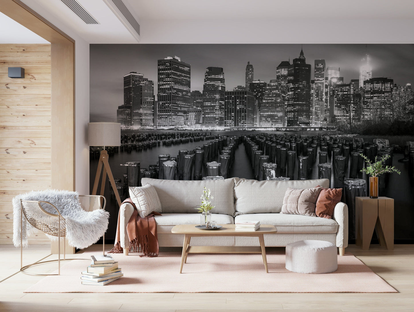 Serene Noir water foreground mural, stunning metropolitan silhouette art.