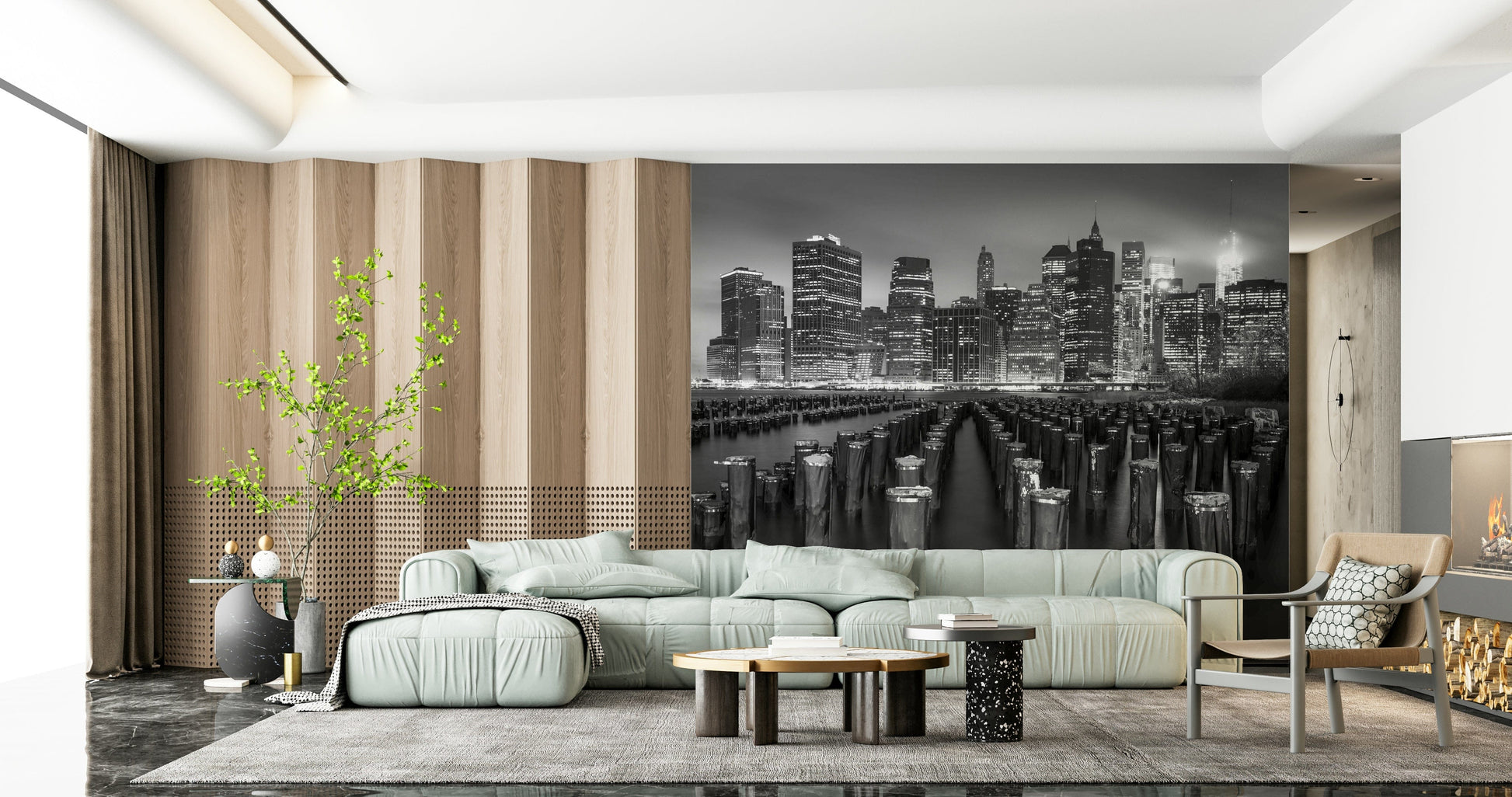 Abstract Noir pier logs wallpaper, intense urban waterfront cityscape.