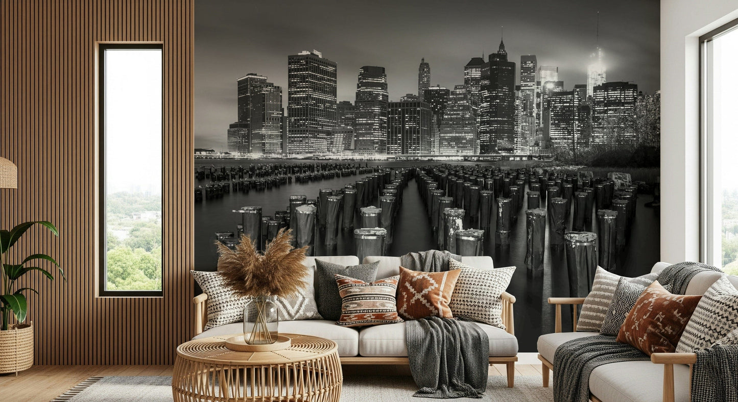 NYC Noir Waterfront Silhouette wallpaper, dramatic black and white skyline.