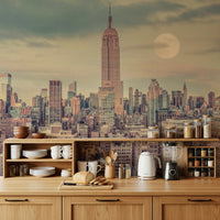 Cityscape Manhattan Skyline accent wallpaper, dramatic mood atmosphere.