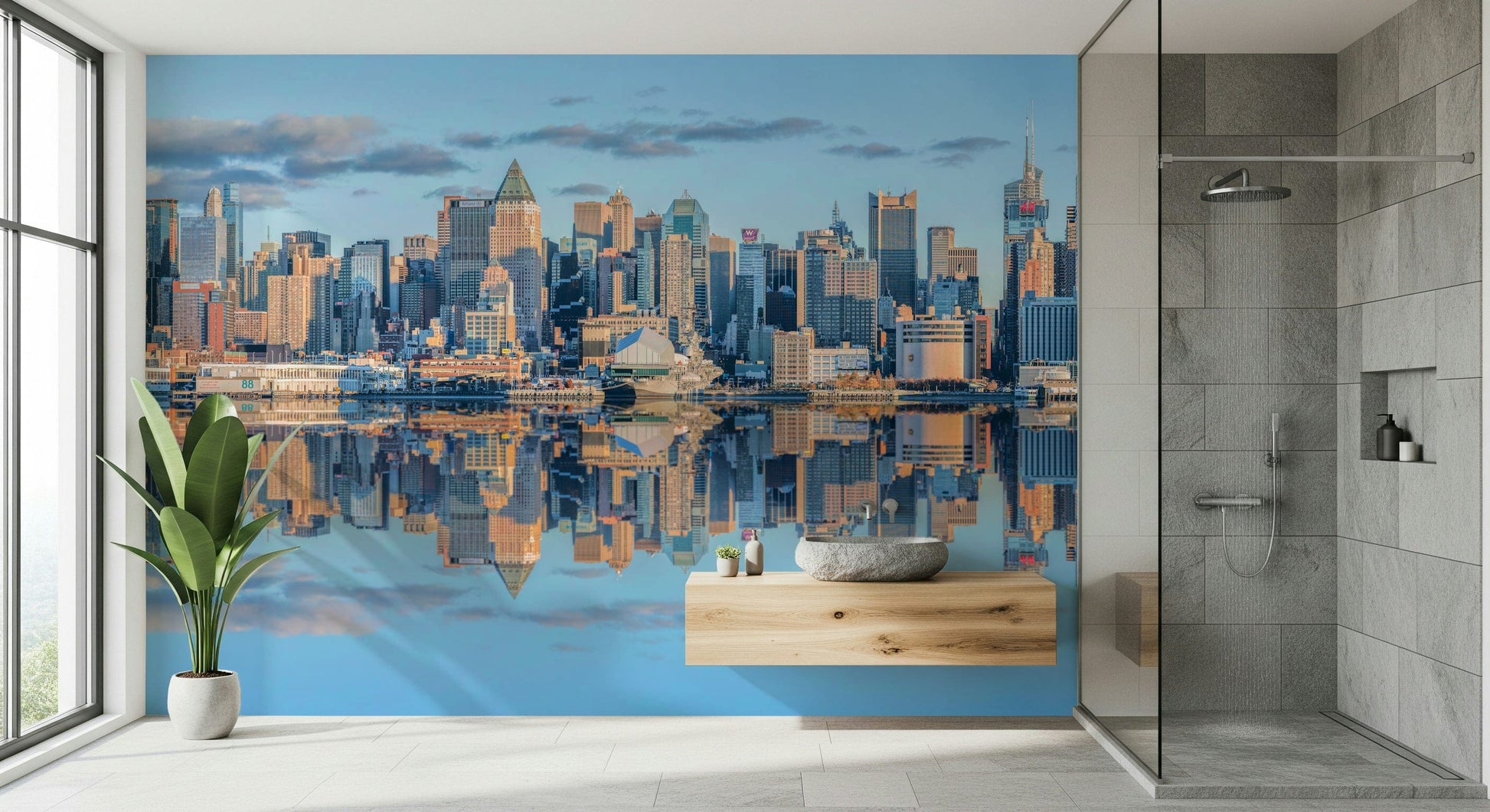 New York panorama Lower Manhattan skyline reflection wallpaper for walls office space.