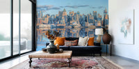 Iconic Lower Manhattan skyline peel and stick wallpaper urban view.