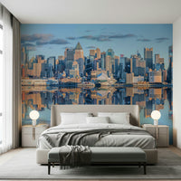 Wallpaper for walls Lower Manhattan skyline buildings mirrored water reflection.