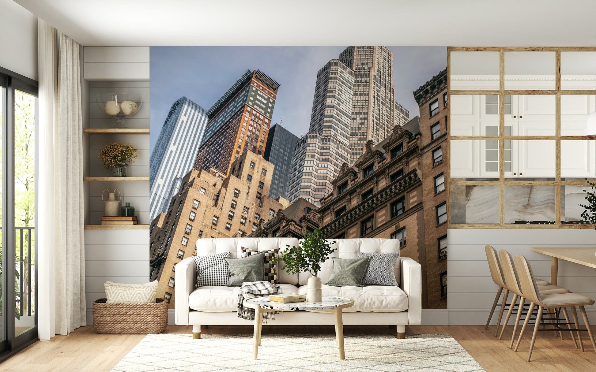Diverse NYC architecture wallpaper for walls, geometric shapes, cloudy background.