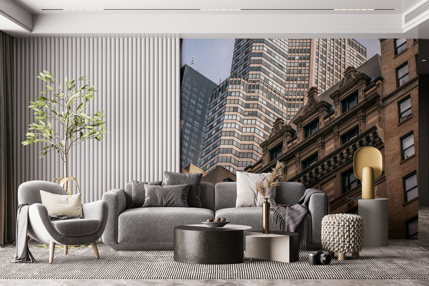 Unique angle Skyscrapers in NYC print, blend of old ornate and sleek towers.