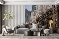 Unique angle Skyscrapers in NYC print, blend of old ornate and sleek towers.