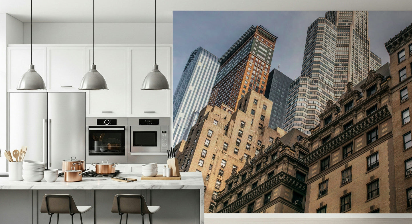 Dramatic perspective Skyscrapers in NYC mural, sunlit facades reaching skyward.