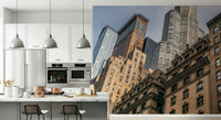 Dramatic perspective Skyscrapers in NYC mural, sunlit facades reaching skyward.