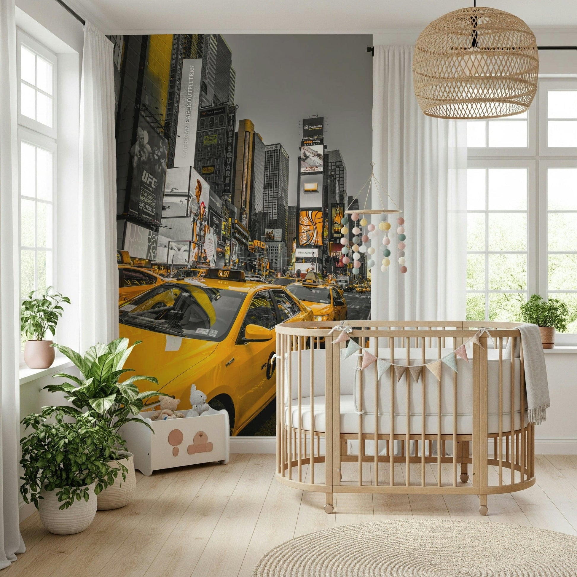 Gorgeous NYC Cabs Golden Rush photograph; vibrant yellows dominate gray towers.