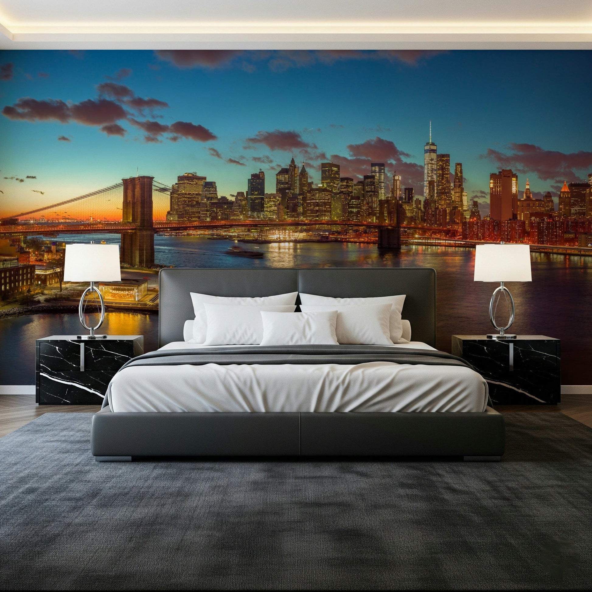 Golden hour lighting, detailed architecture, unique NYC Twilight Sparkle mural.