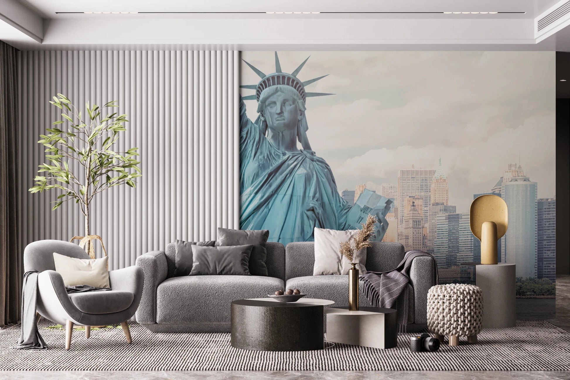 NYC's Lady Liberty wallpaper mural with the statue and skyline above a grey sectional and slatted wall in a living room