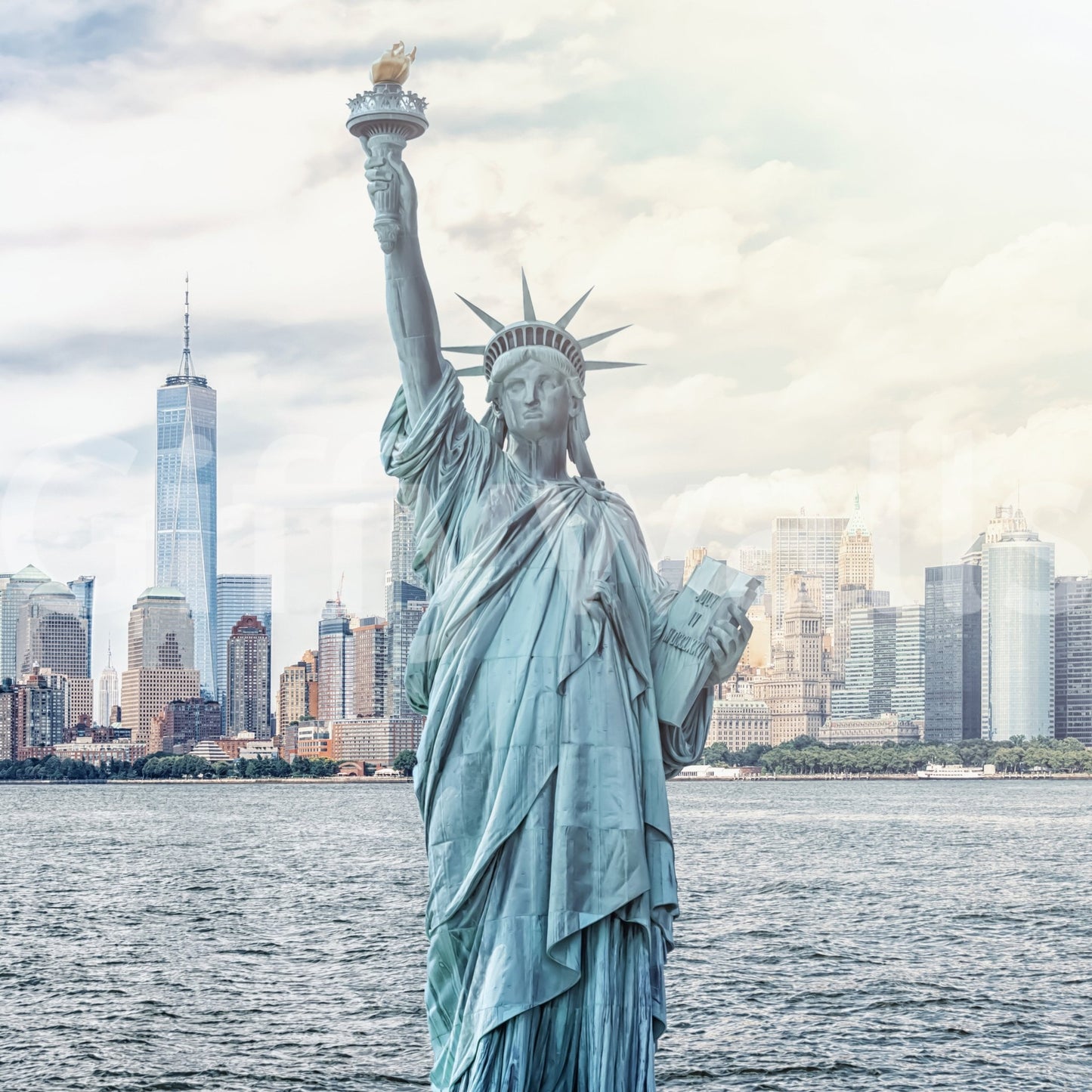 NYC's Lady Liberty wallpaper mural shown full-wall with the Statue of Liberty, torch raised, before the NYC skyline and harbour