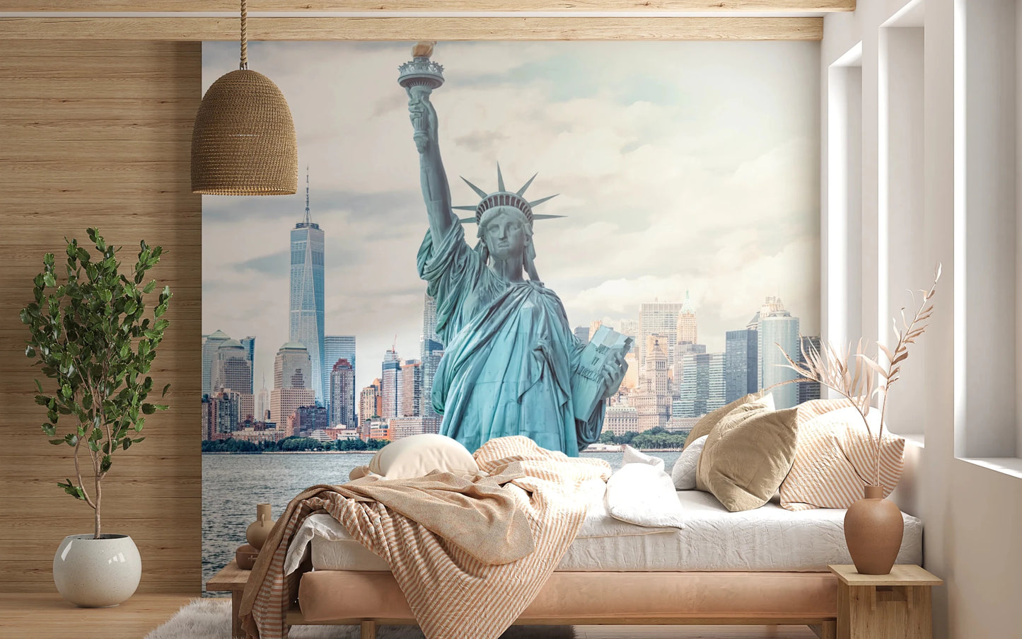 NYC's Lady Liberty wallpaper mural of the Statue of Liberty and skyline behind a low beige bed in a wood-panelled bedroom
