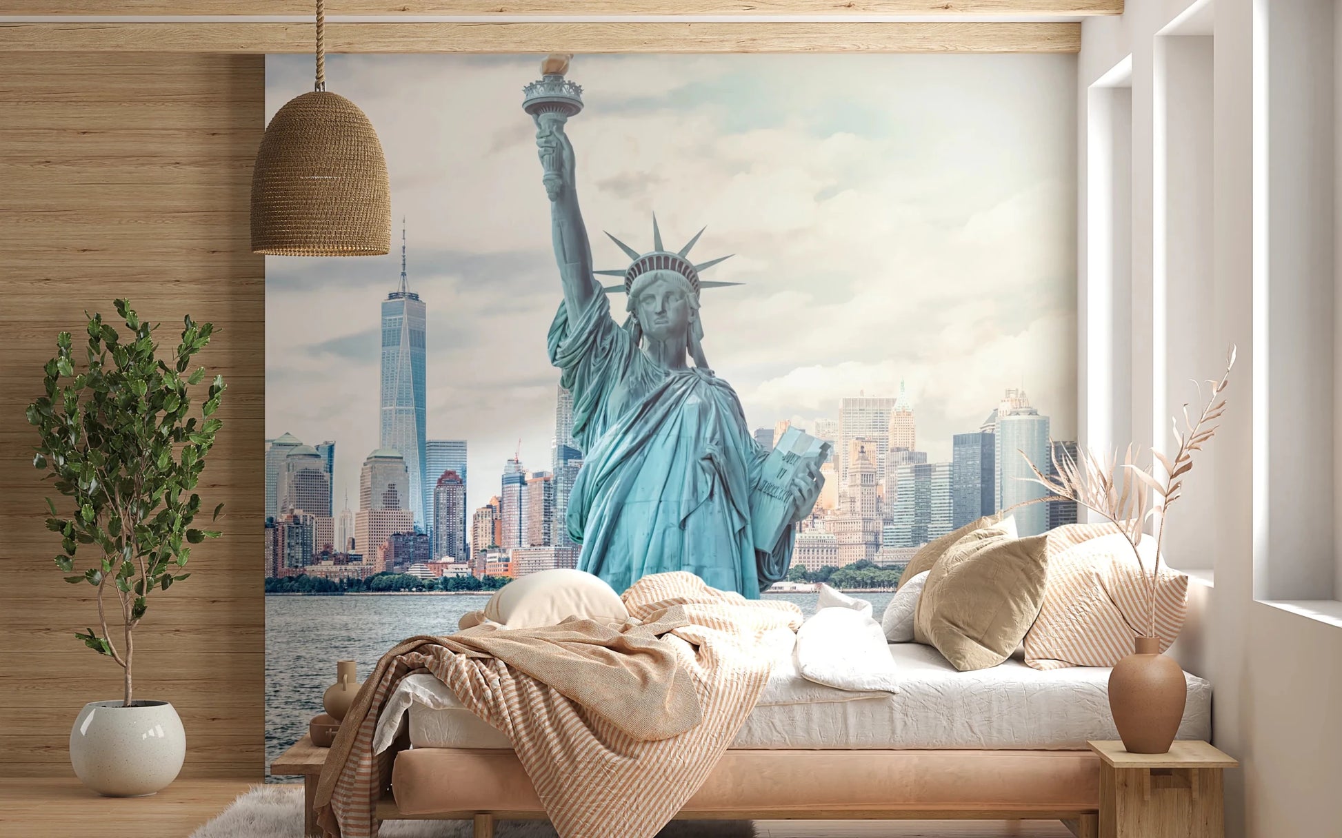 NYC's Lady Liberty wallpaper mural of the Statue of Liberty and skyline behind a low beige bed in a wood-panelled bedroom