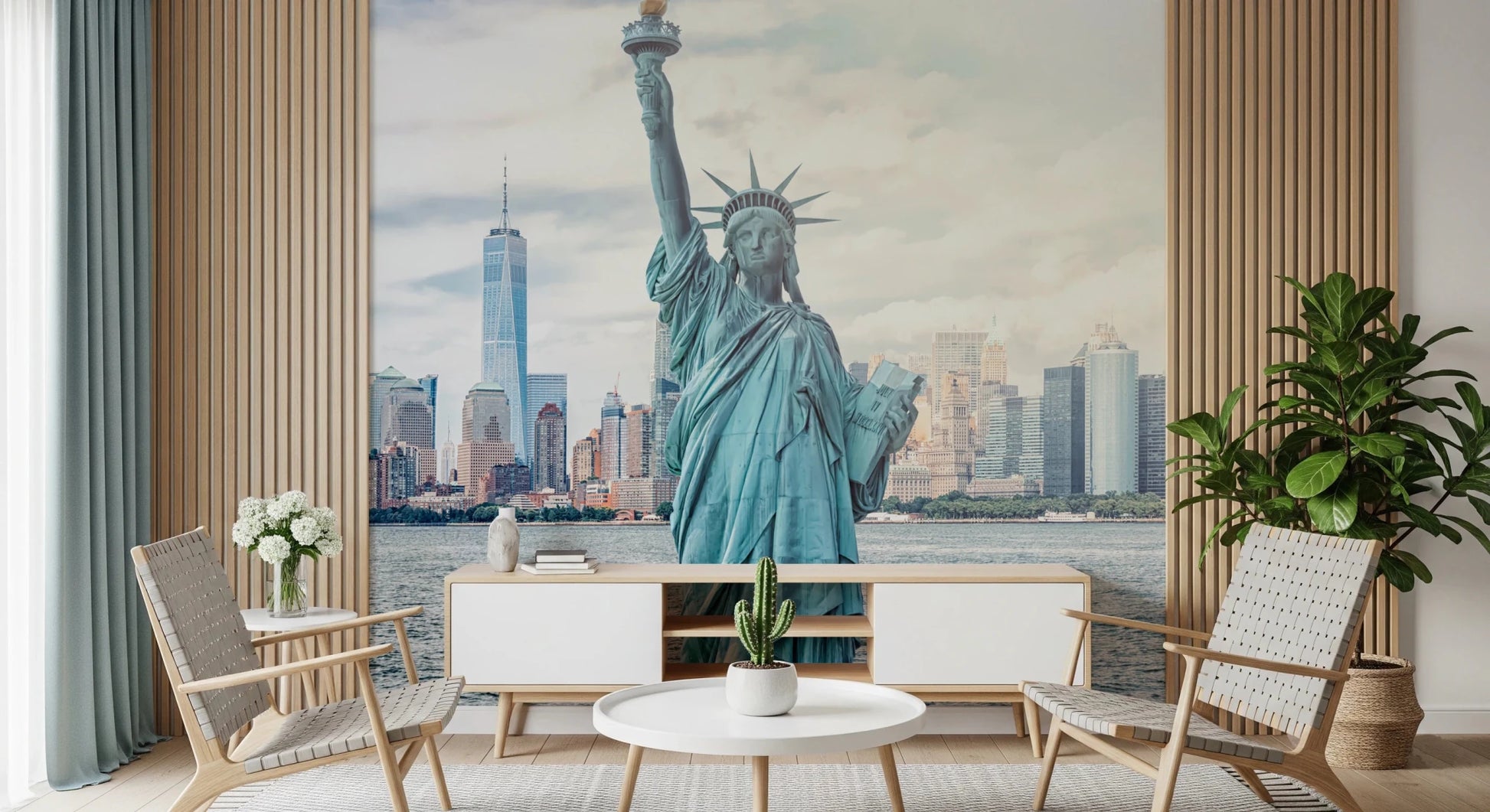 NYC's Lady Liberty wallpaper mural with the statue and NYC skyline above a white sideboard and cane chairs in a living room