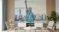 NYC's Lady Liberty wallpaper mural with the statue and NYC skyline above a white sideboard and cane chairs in a living room