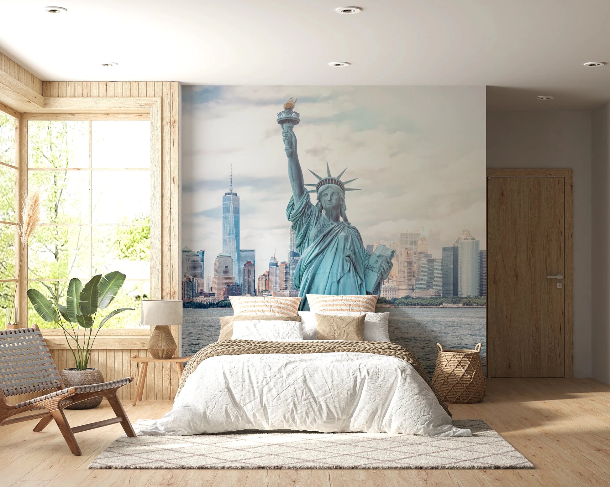 NYC's Lady Liberty wallpaper mural of the statue and NYC skyline behind a white bed with jute throw in a wood-panelled bedroom