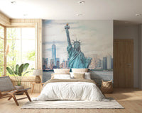 NYC's Lady Liberty wallpaper mural of the statue and NYC skyline behind a white bed with jute throw in a wood-panelled bedroom