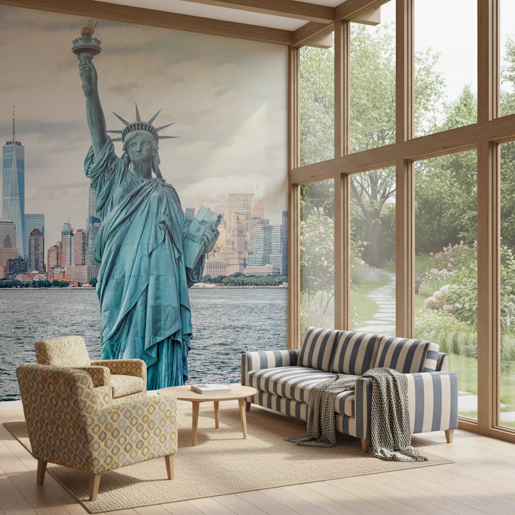NYC's Lady Liberty wallpaper mural showing the statue and harbour beside a blue striped sofa by garden windows in a living room