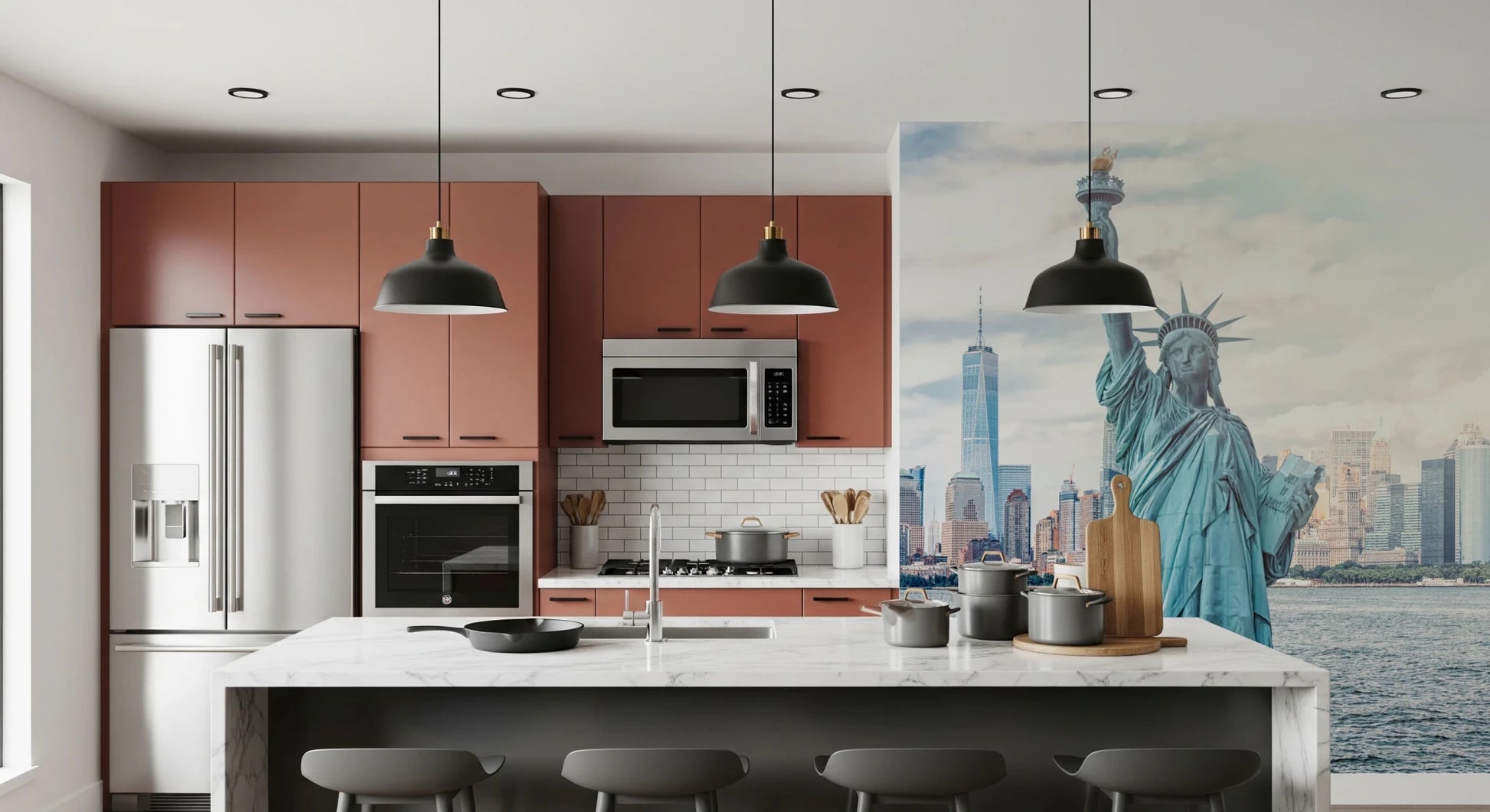 NYC's Lady Liberty wallpaper mural of the statue and skyline beside a marble island in a terracotta-cabinet kitchen