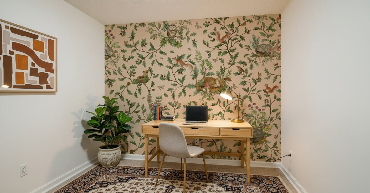 Oak Haven Wall Mural with soft lighting filtering through a serene oak grove.