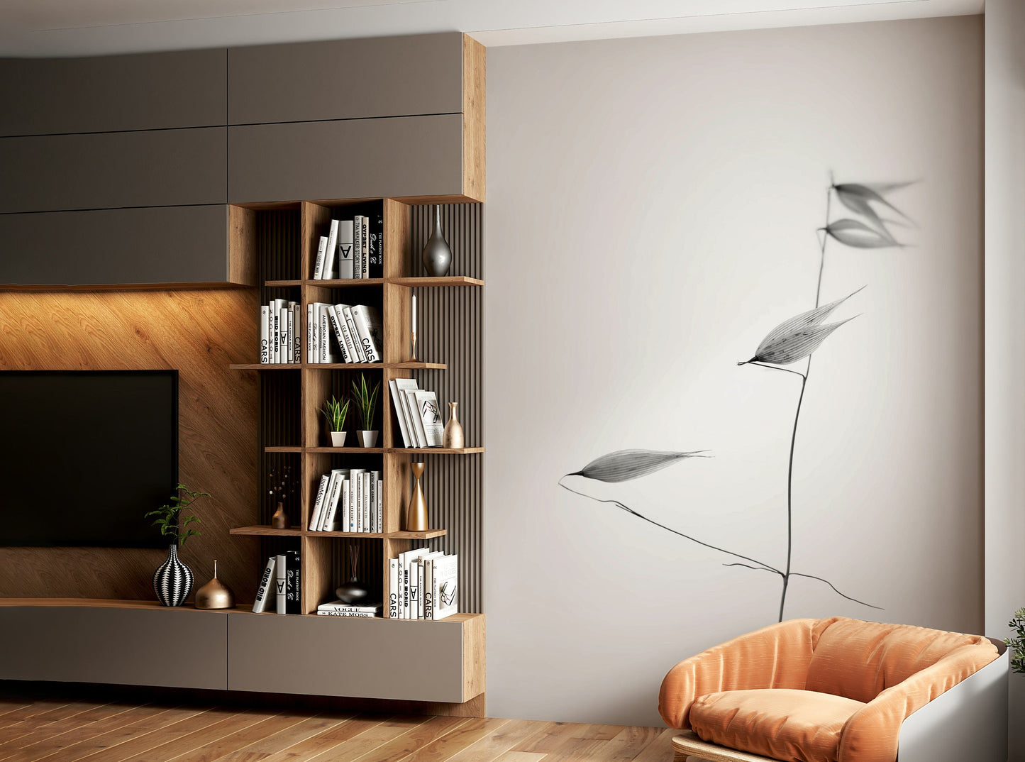 A living room featuring the abstract botanical wall mural.

