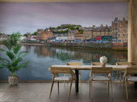 calm water reflecting the town

