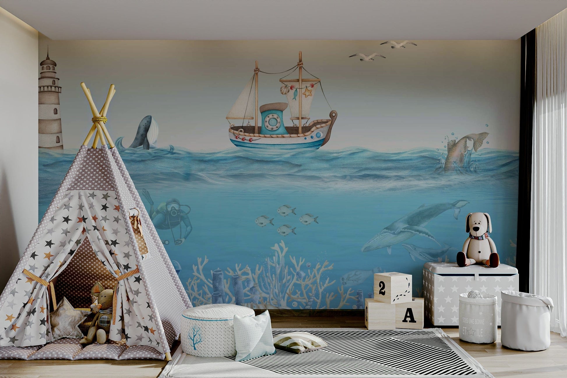 The colors are soft and gentle, with pale blues, greens, and pinks.

