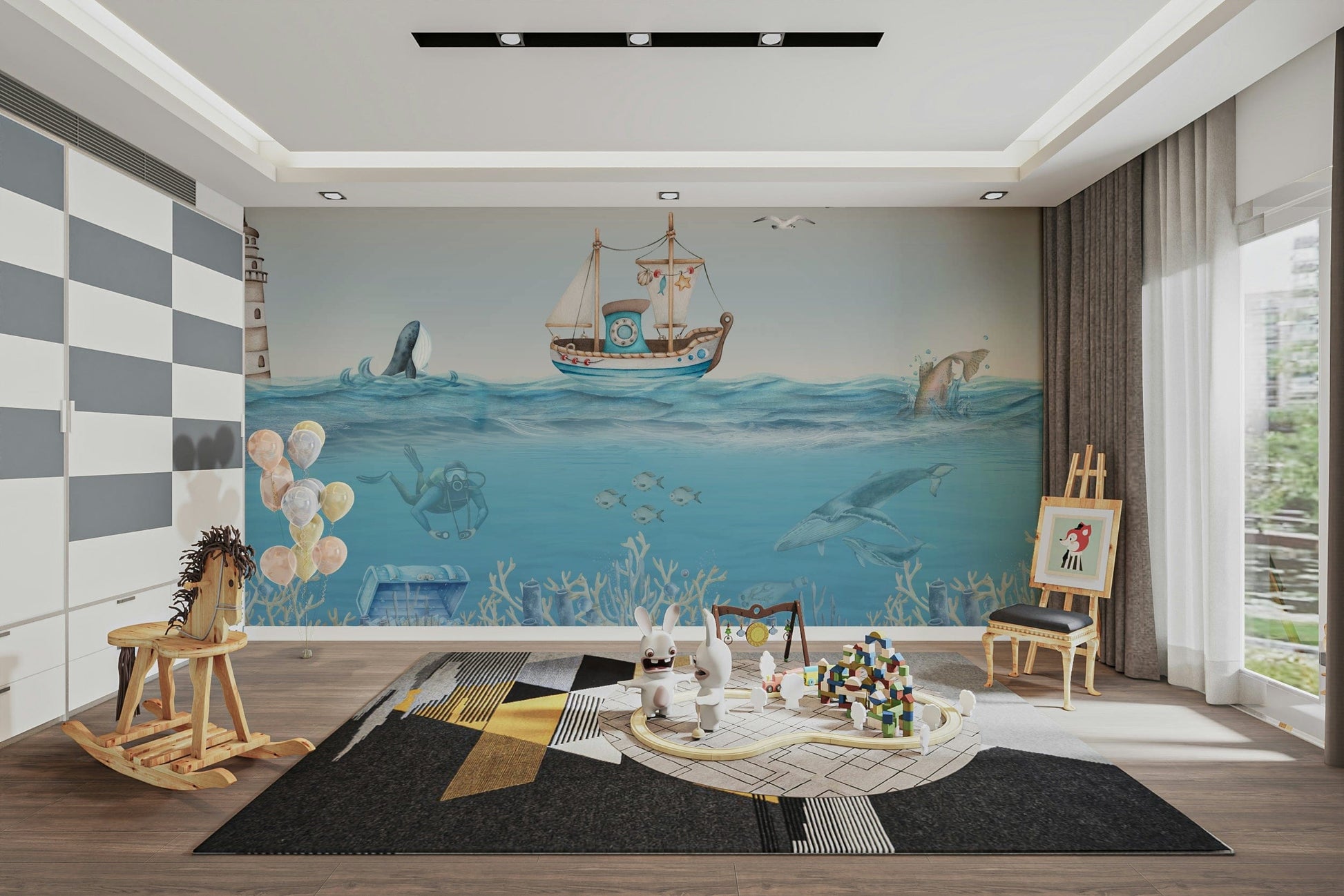 A peaceful wall mural with a whimsical underwater scene.

