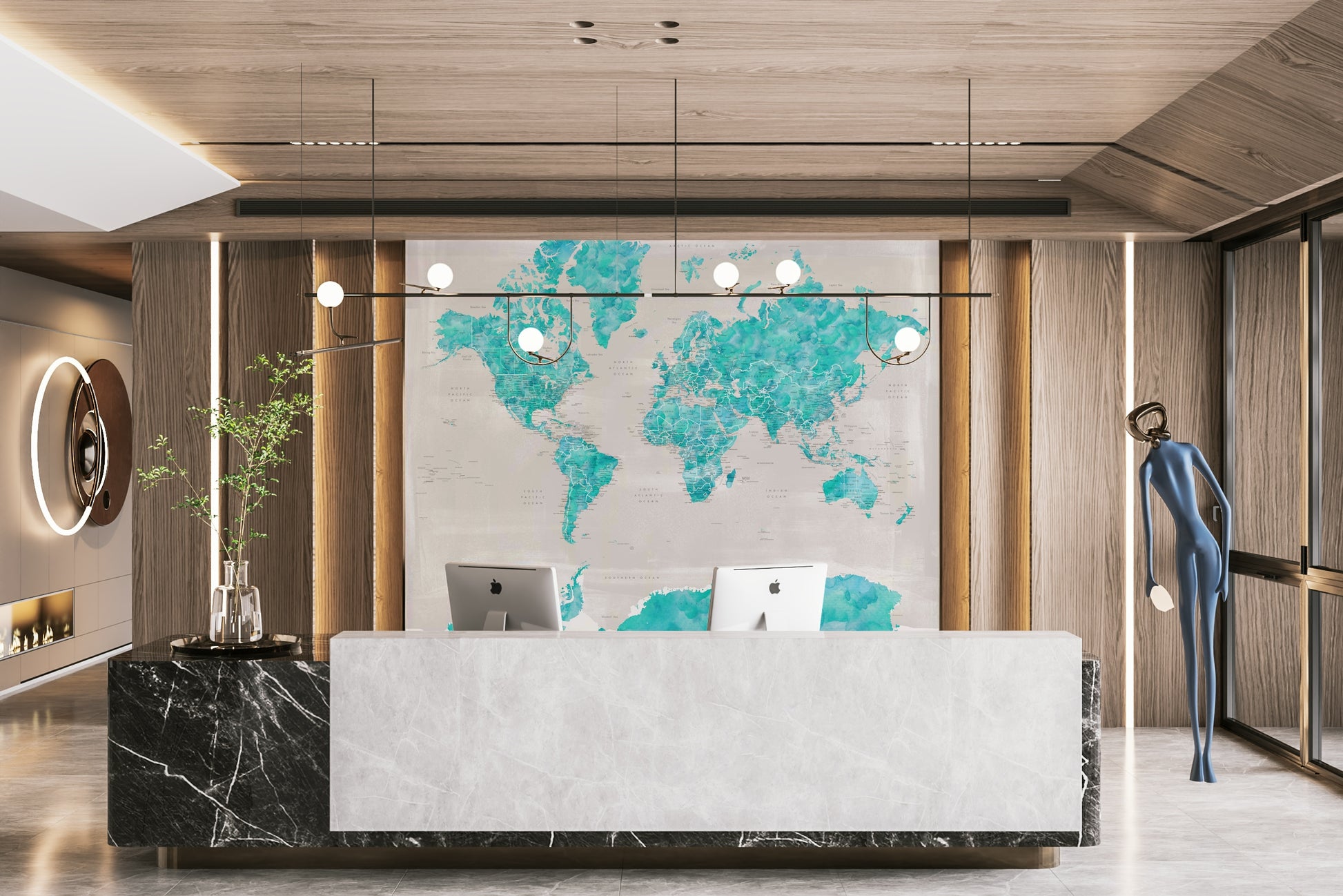 Watercolor world map for coastal-themed interiors


