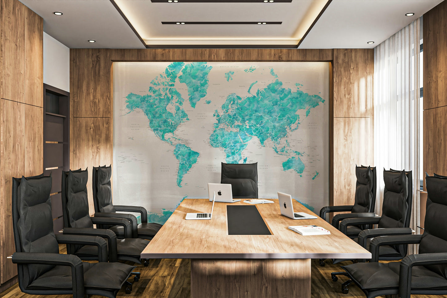 World map mural in soft ocean-inspired blues

