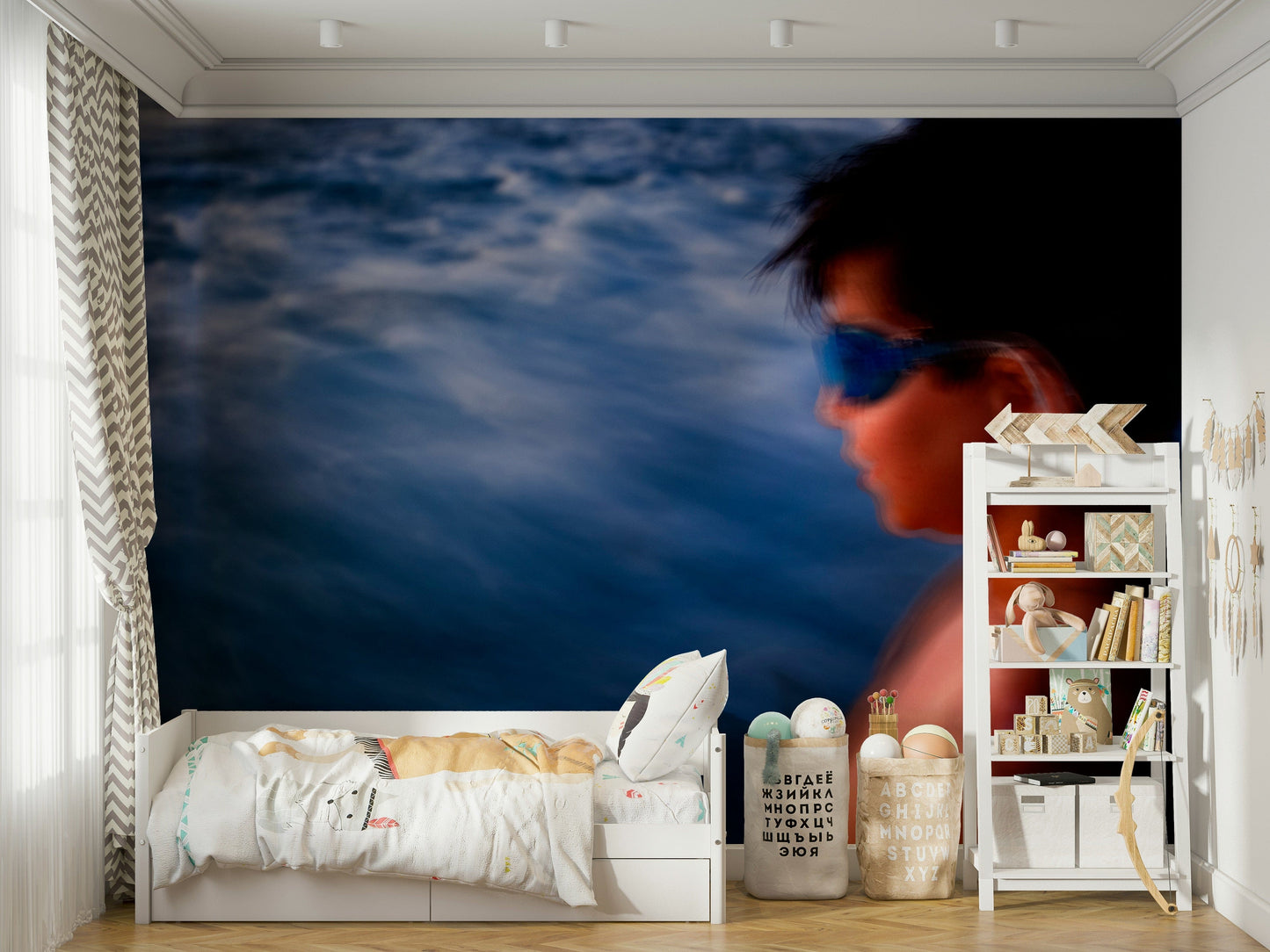 A beautiful abstract sea wall mural for a living room.

